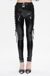 Pantalon punk pour femme en cuir verni noir avec découpes latérales et lacets
